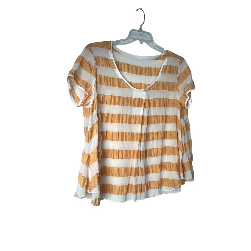 Attic and Barn Italy 100% Silk Striped Scoop Neck Blouse Marigold Cream Size L
